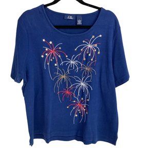 C.B. Casual Blue Embroidered Fireworks 4th of July Short Sleeve Tee Shirt XL